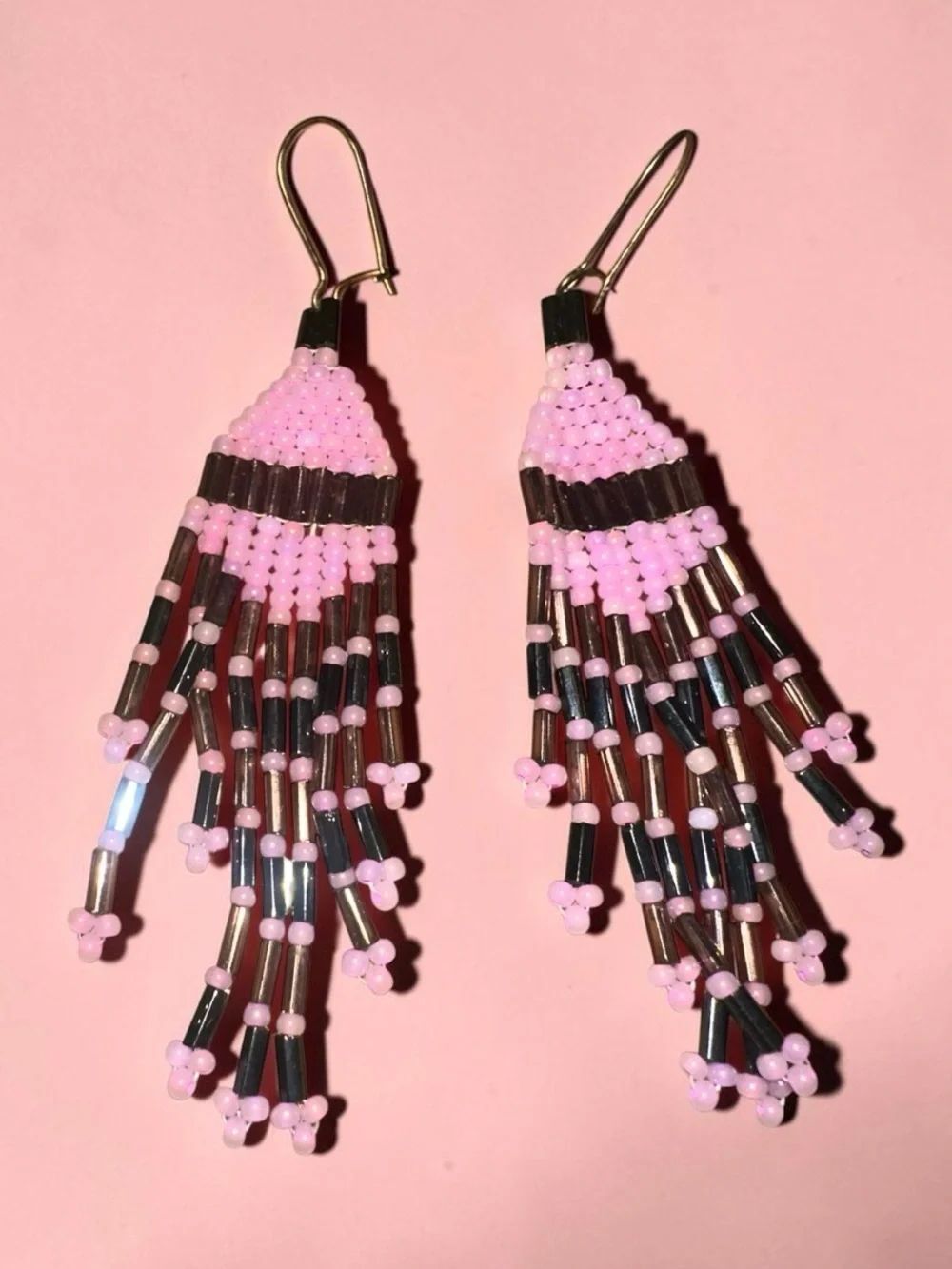 Vintage Handmade Pink Beaded Fringe Earrings